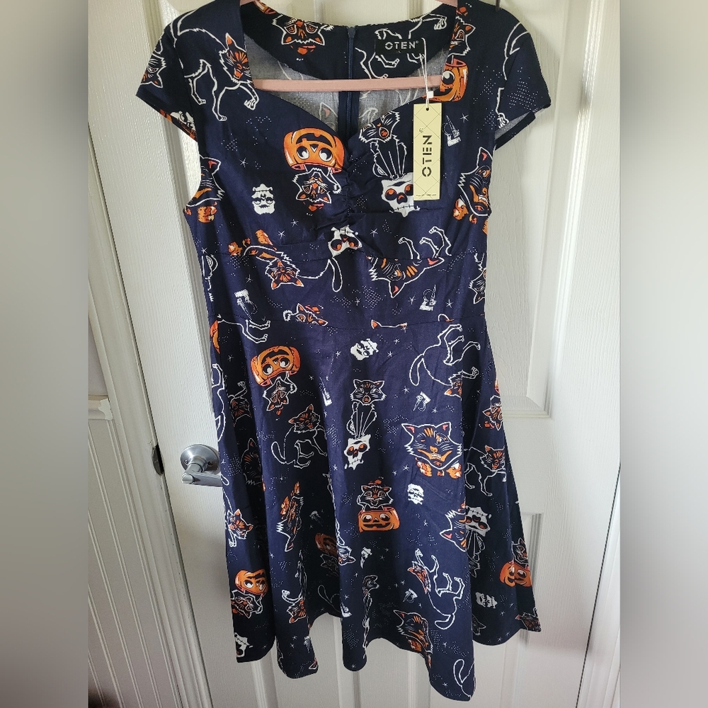 Vintage Navy Halloween Print Fit-and-Flare Dress with Orange Accents